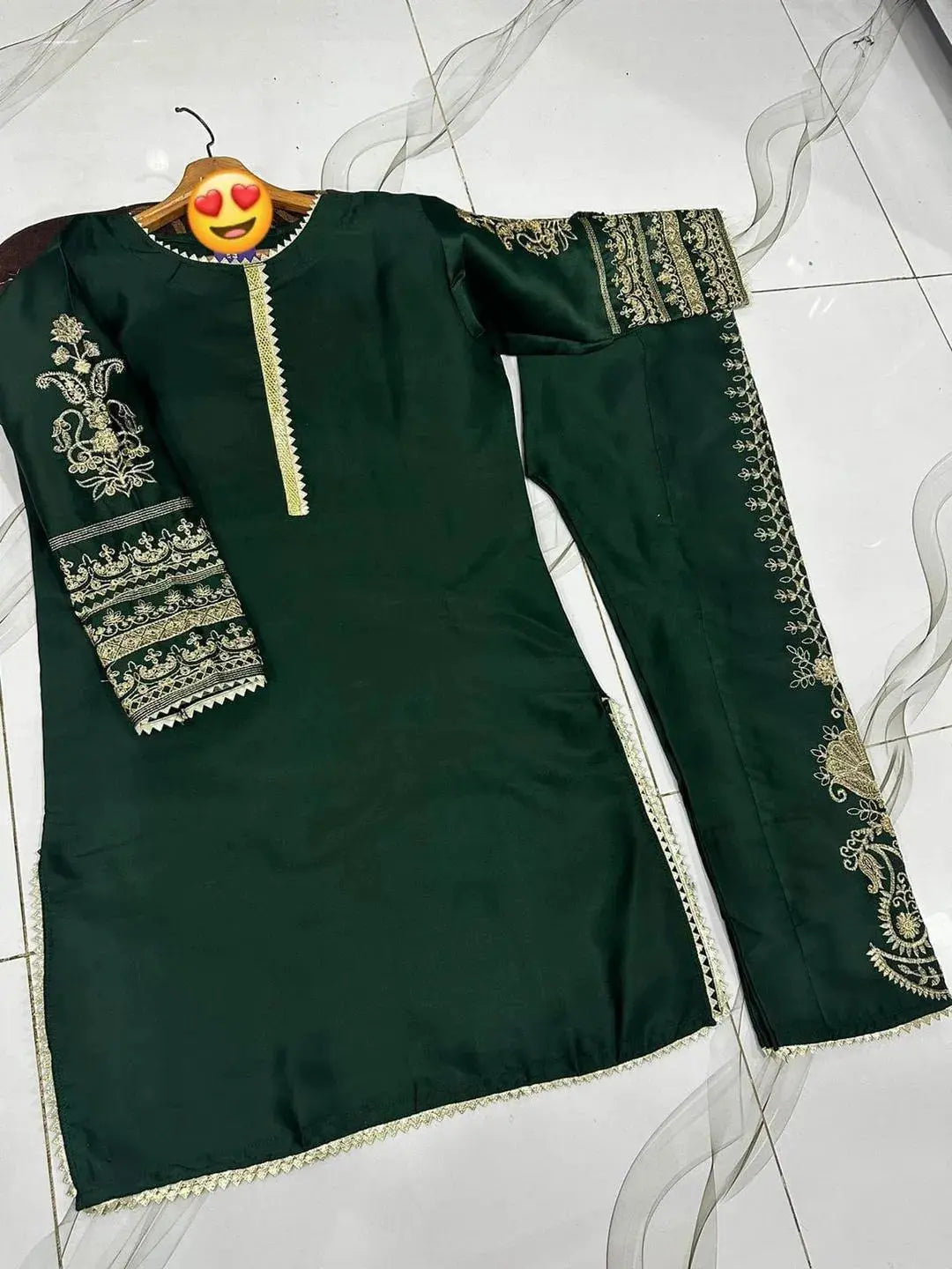 Green Embroidered Shamoz Silk 2Pcs Women Set