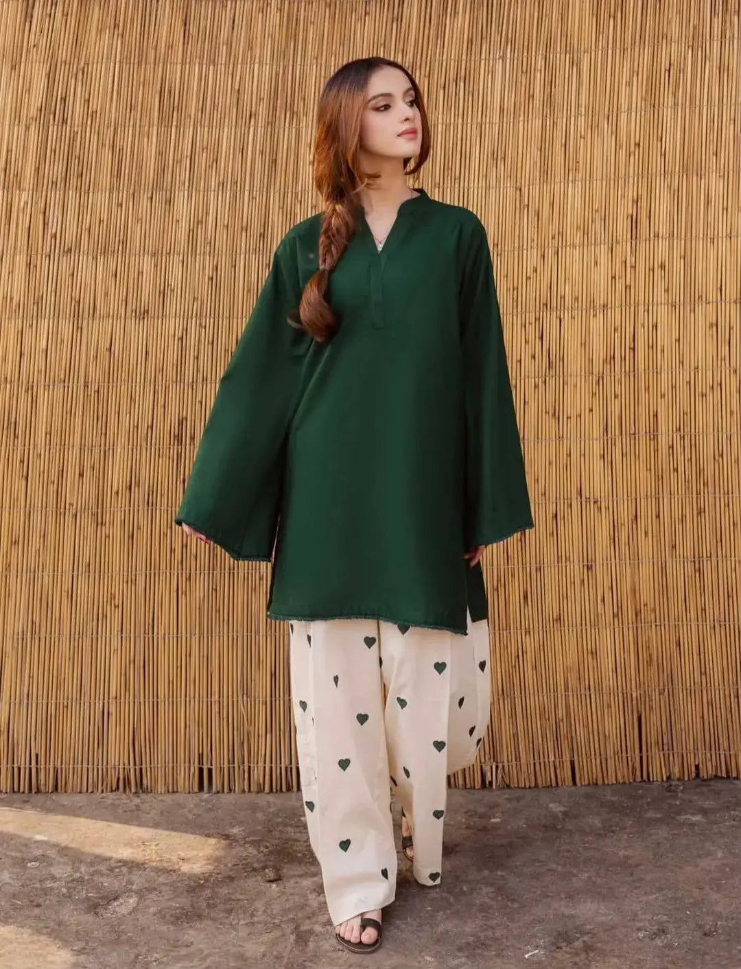 Women's Heart Printed Summer Linen 2 Piece Flapper Suit with V Neck Shirt | Sequence Lace Work | Casual Printed Cord Set | Soft Linen Dress for Women