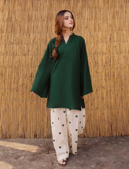 Women's Heart Printed Summer Linen 2 Piece Flapper Suit with V Neck Shirt | Sequence Lace Work | Casual Printed Cord Set | Soft Linen Dress for Women