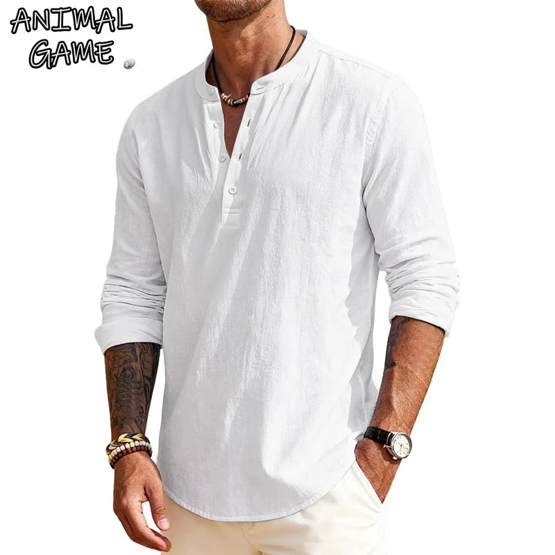 Animal Game Luxury Men's Cotton Shirts Henley T-Shirts Long Sleeve Casual T-Shirts Solid Tops Hawaiian social Shirts for Men